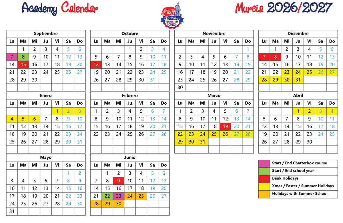 Calendario ingles 2026-2027